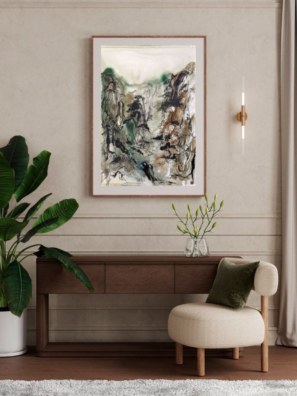 pine tree and waterfalls - Original Japanese ink painting watercolor